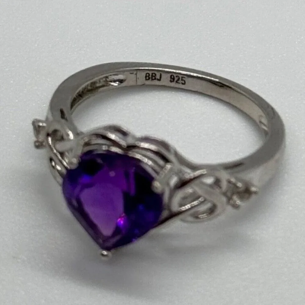 925 STERLING SILVER AMETHYST & GOSHENITE HEART RING SIZE 6